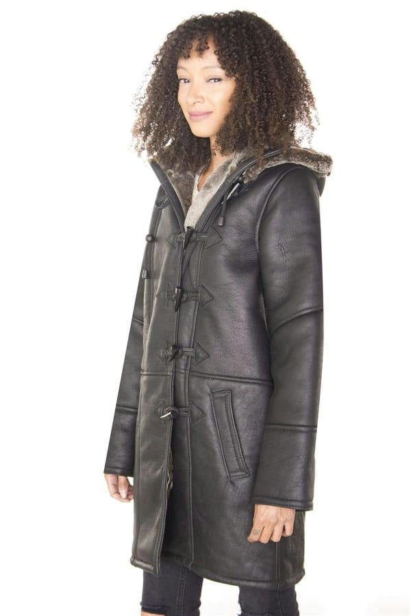 Infinity Leather Womens Black Shearling Hooded Duffle Coat-Royston