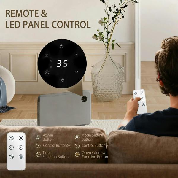 Grey electric convector heater with 35° display and remote control in use