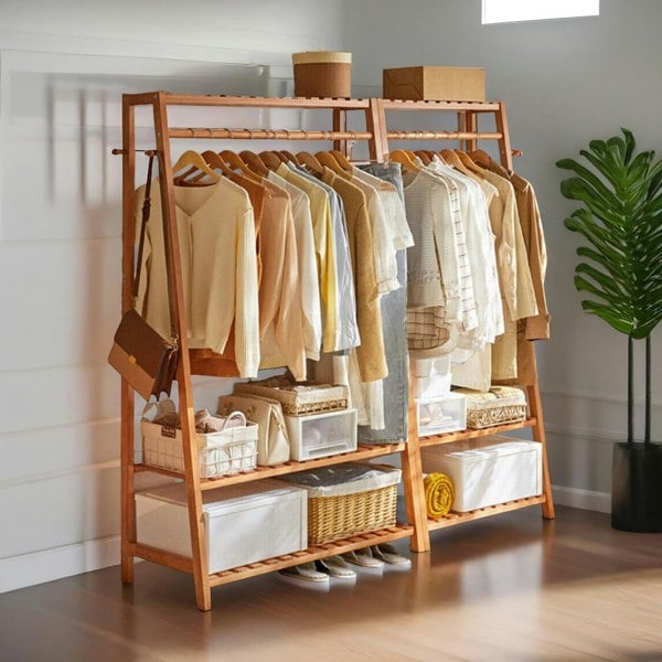 Rafaelo Mobilia Bamboo Clothes Rail With 2 Shelves