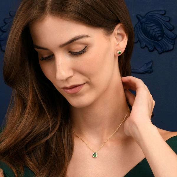 namana Gold Plated Sterling Silver Green Cubic Zirconia Round Halo Pendant Necklace
