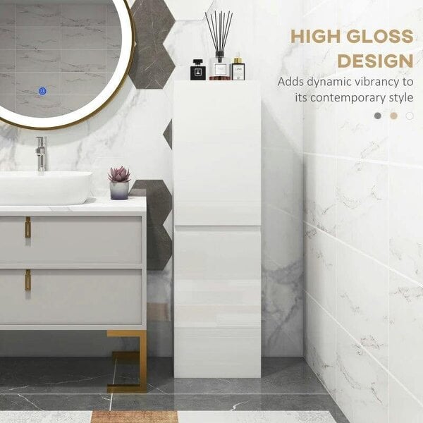 Bathroom Storage Unit, Tall Bathroom Cabinet with 2 Cupboards and Adjustable Shelves, High Gloss White