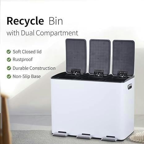 HYGRAD BUILT TO SURVIVE HYGRAD 3 Compartment Recycling Bin 45L Dual Compartments Kitchen Pedal Dust Bin Waste Bin Separation System 3x15L