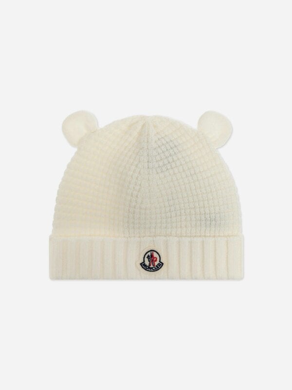 Moncler Enfant Baby Wool Beanie Hat with Ears in Ivory