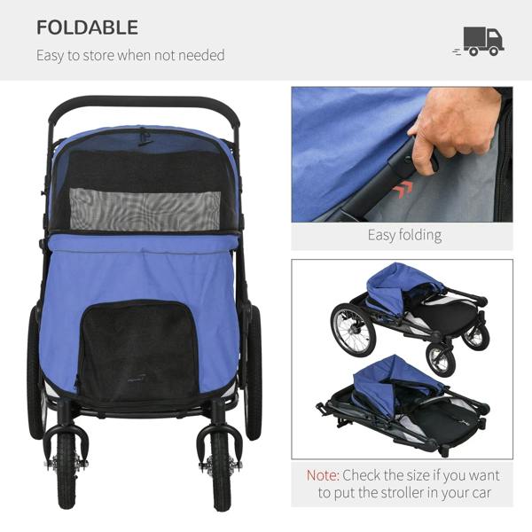 Blue foldable pet stroller rear view with zip storage panel and padded handle