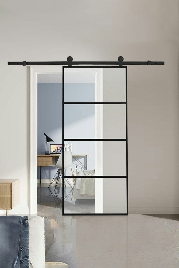 Living and Home Clear Glass Sliding Barn Door with Slide Guide Hardware Kit
