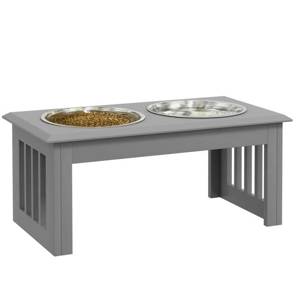 Raised dog feeding bowls stand with two stainless steel bowls, grey