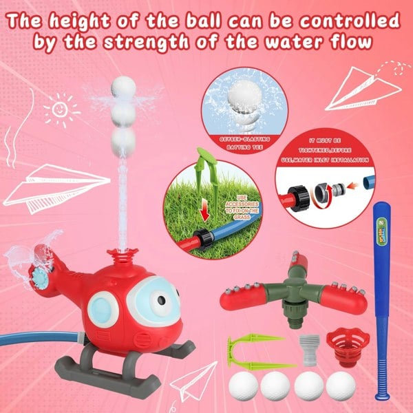 deAO Toys Baseball Play Set with Sprinkler and Helicopter Outdoor Water Spray Toy for Kids, Includes Tee Ball Set with 4 Balls
