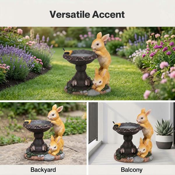 Emitto Garden Ornaments Outdoor Rabbit & Bird Solar Resin Artwork Bath For Patio