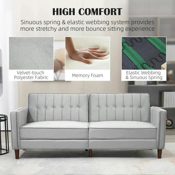 Light grey velvet-touch convertible sofa with tufted back and elastic webbing style structure