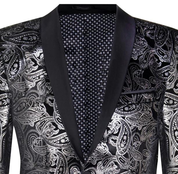 TruClothing Mens Classic Silver Paisley Black Velvet Tuxedo Dinner Jacket Tailored Blazer