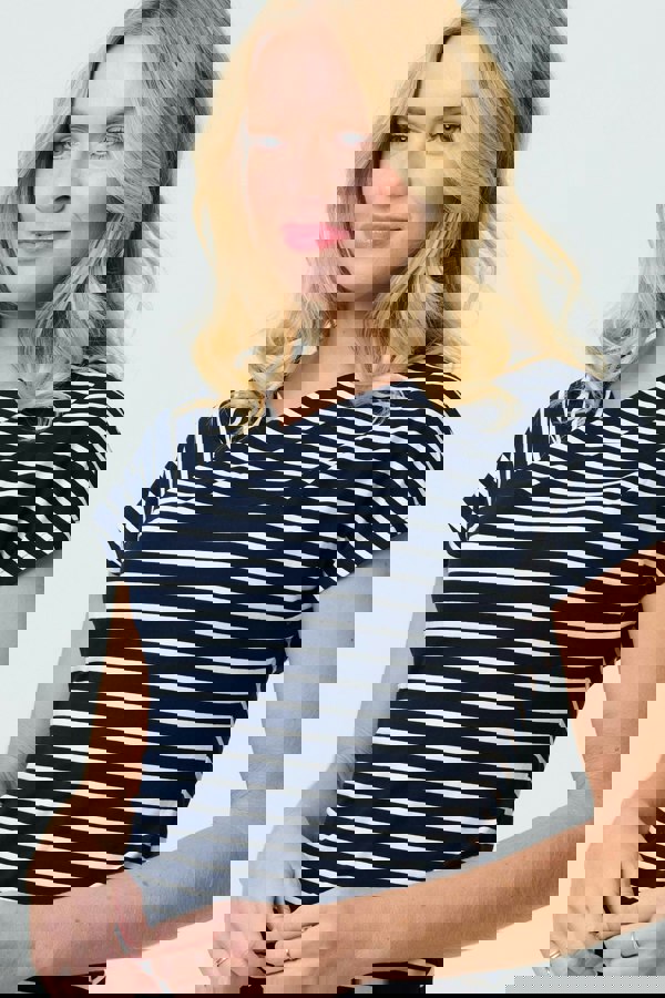 Navy | Striped Asymmetric Short Sleeve Top
