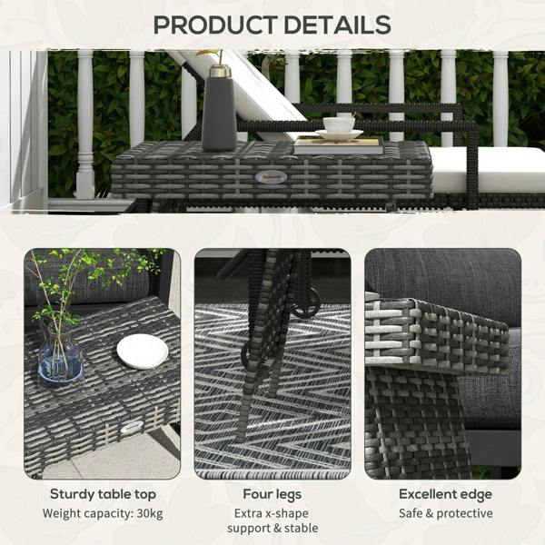 Grey woven rattan side table showing sturdy tabletop and protective woven edge