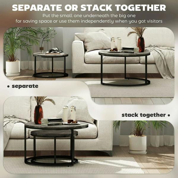 Round nesting coffee table set, dark faux-marble tops with black steel U-frame bases