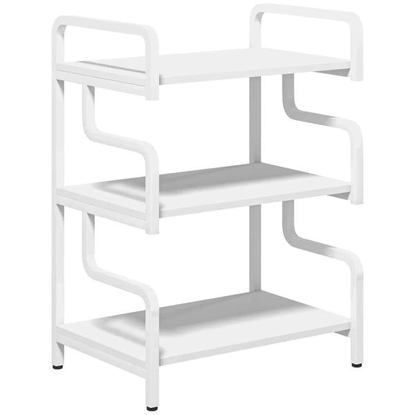 White 3-tier printer stand with open shelves and curved side handles