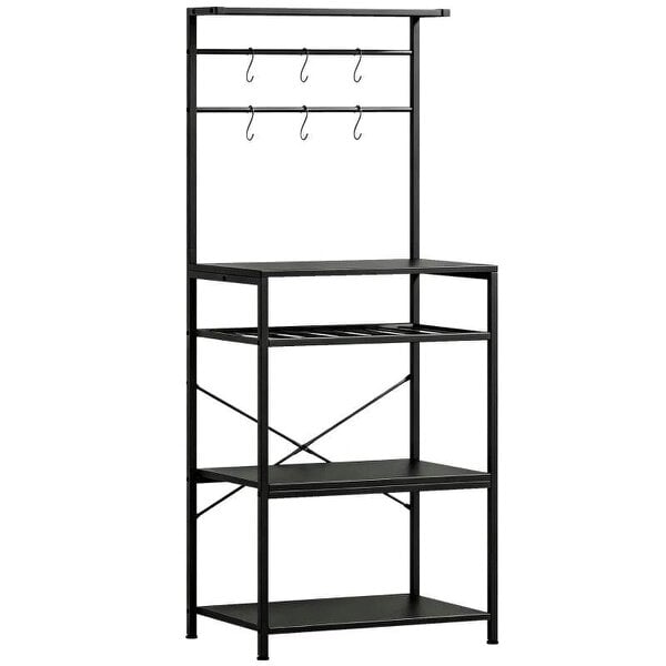 Freestanding Shelving Unit, Industrial Storage Shelf with 6 Hooks and Wine Rack for Living Room, Home Office, Black