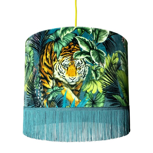 Love Frankie Big Cat Velvet Lampshade With Gold Lining and Fringing in Flint Blue