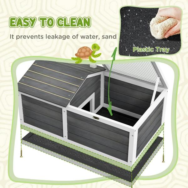 Dark grey reptile shelter with removable plastic tray under wire-mesh basking area