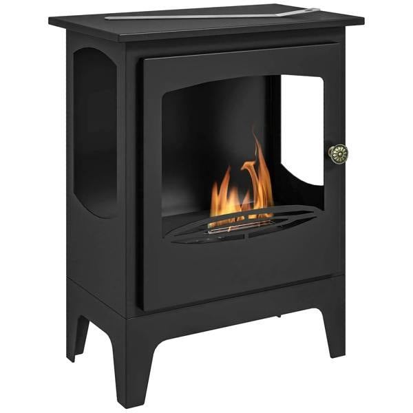 Black freestanding ethanol fireplace front view with orange flames
