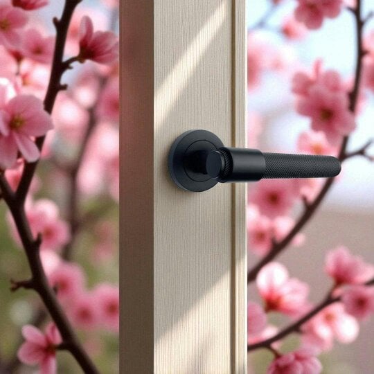 EDH Door Hardware Knurled Door Handles Chrome, Black, Brass – Loop & Neck Lever on Rose Latch