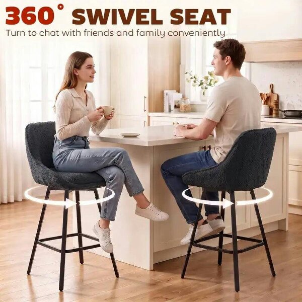 Bobobiy Bar Stools Set of 2, 64 cm Modern Linen-Touch Fabric 360° Swivel Counter Height Bar Chairs, Black