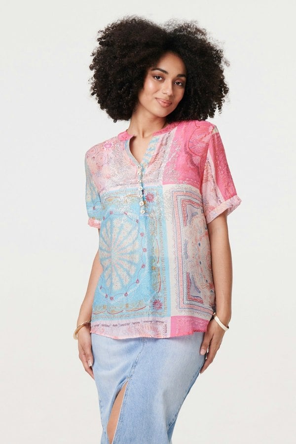 Pink | Patchwork Print Short Sleeve Blouse

