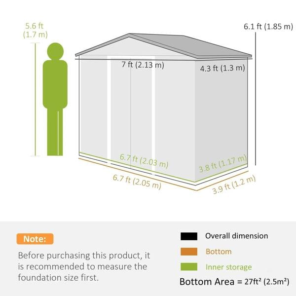 Metal storage shed size diagram with height and length measurements