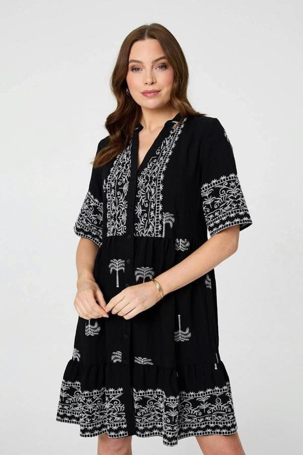 Black | Border Print 1/2 Sleeve Short Dress