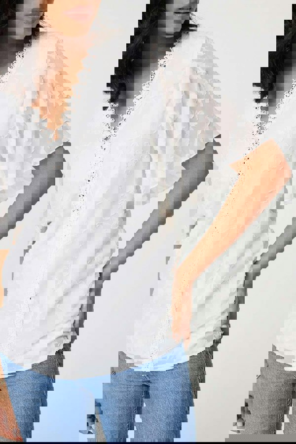 White | Floral Lace Detail Flared Sleeve Blouse