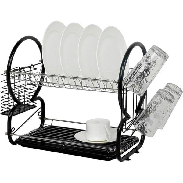 Dyzi 2 Tier Dish Drainer Rack with Utensil Cup Holder Draining Tray Chrome