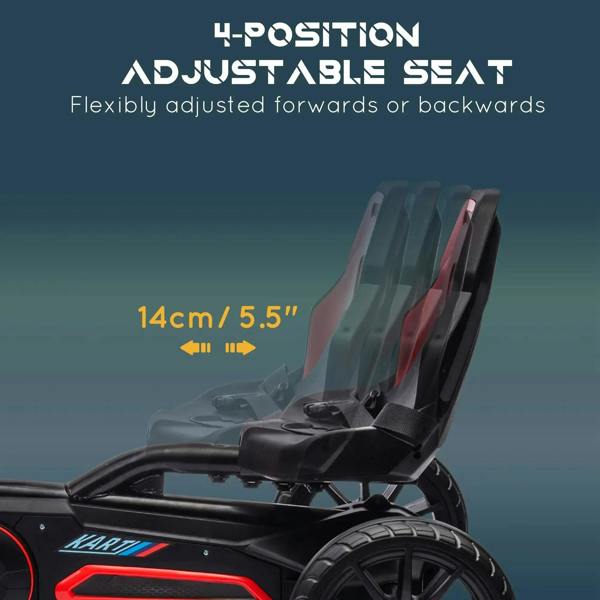 Red kids pedal go-kart seat with adjustable backrest and black frame