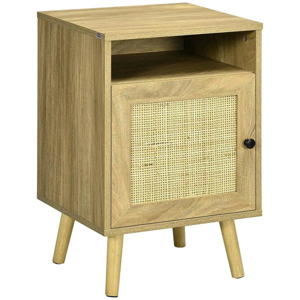 Natural wood bedside table with rattan door and open shelf, black knob and tapered legs