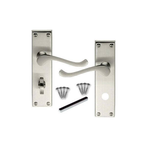 EDH Door Hardware Internal Satin Bathroom Door Handle with Privacy Lock Set Victorian Style,  2 Pairs