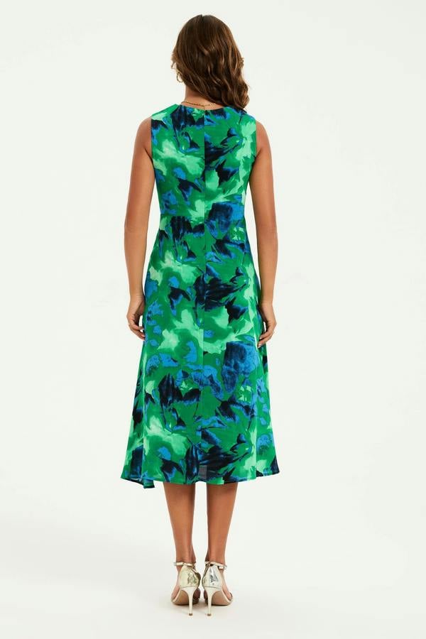 FS Collection Abstract Floral Print Heart Neck Midi Green