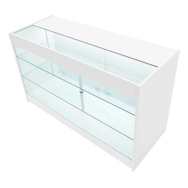 White Aries LED shop counter set featuring sleek glass shelves and a modern design, ideal for retail displays and merchandise storage