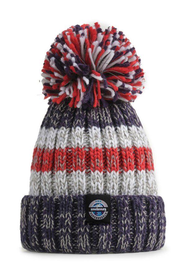 SuperBobble Rib Knit Beanie Bobbie Hat - Navy Red