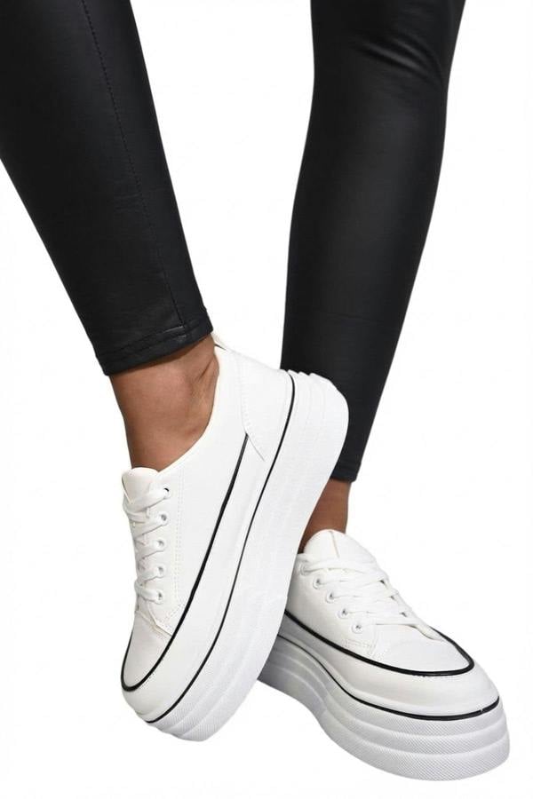 Breanna Platform Wedge Lace Up Trainers - White_wb