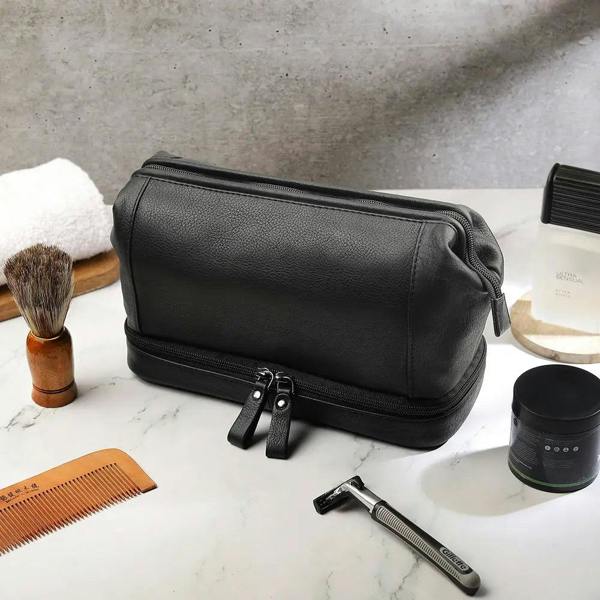Leather Toiletry Wash Bag Black 1