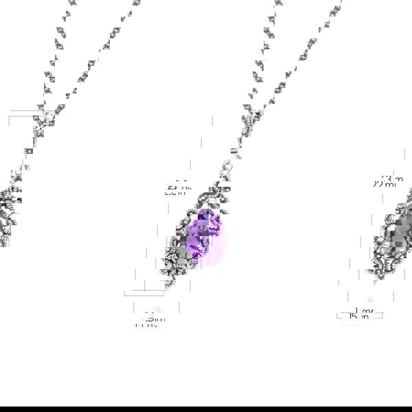 Gemondo Art Deco Style Pear Amethyst & Marcasite Pendant Necklace in Sterling Silver