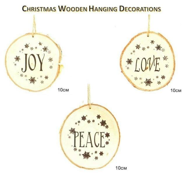 10cm Brown Wooden Hanging Christmas Ornament Set of 3 with Joy, Peace and Love Designs image 4