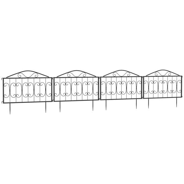 Black metal decorative picket fence panel with curled scrollwork and bottom stakes
