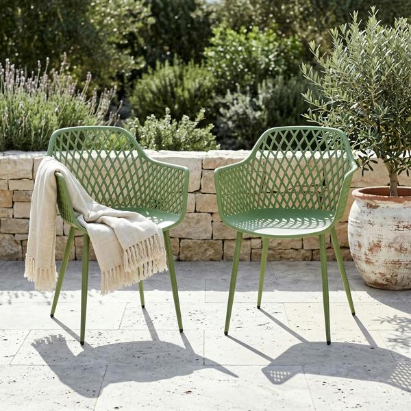 Core Products 3 Piece Bistro Garden Set, Pair Of Lattice Armchairs & Square Plastic Table, Moss Green