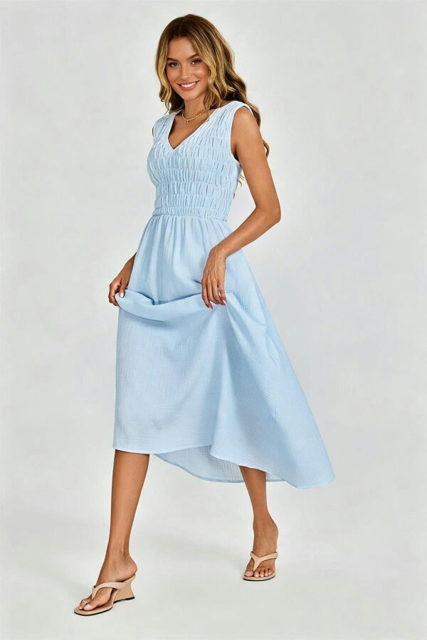 FS Collection Shirred Midi Dress with Sleeveless V-Neck In Light Blue