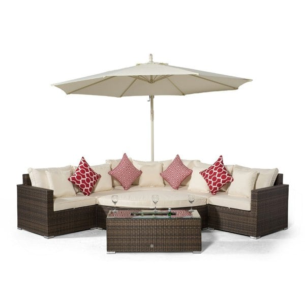Giardino Santorini L Shape Modular 5 Seat Rattan Corner Sofa Set With Daybed Ottoman & Large Drinks Cooler Coffee Table