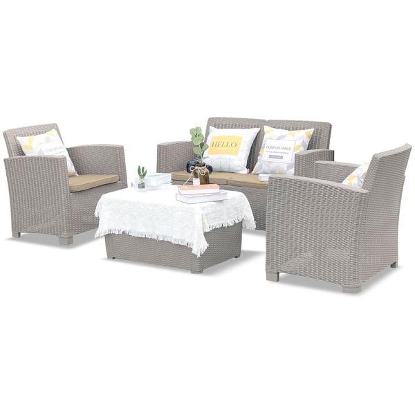 Homeology SANTANA 4 Piece PE Rattan 4-Seater with Cushions Garden Furniture and Coffee Table Set in Greige