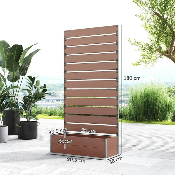 Light brown trellis planter with dimensions and wide raised planting bed