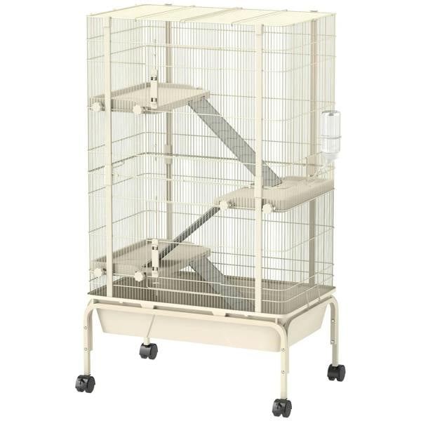 Beige rolling small animal cage with three ramps, 4 levels, water bottle, and food dish