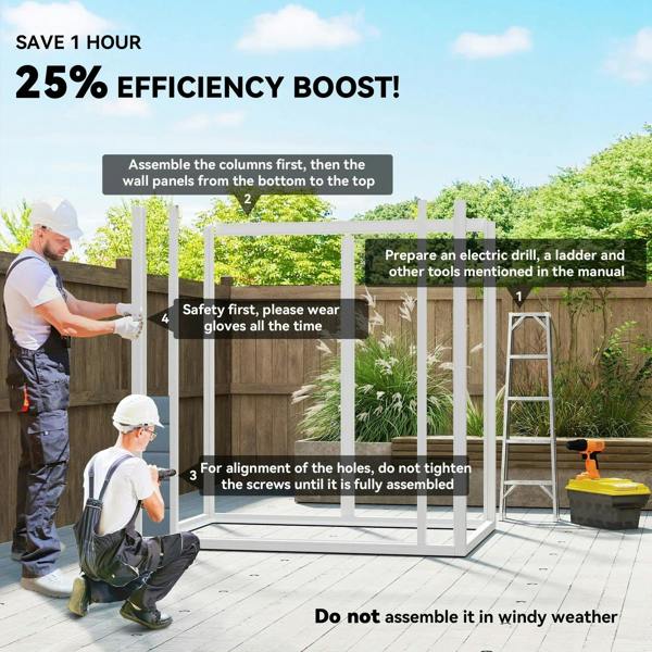 Garden storage shed assembly diagram with frame columns and step-by-step guidance