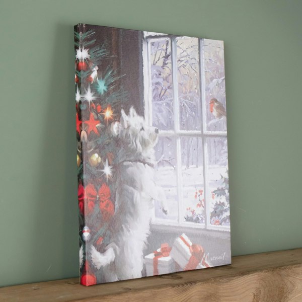 Samuel Alexander 40cm x 30cm Battery Operated Light up Fibre Optic Christmas Dog & Robin Wall Art