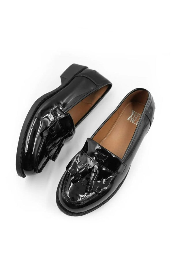 Where's That From Imogen Wide Fit Flatform Slip on Loafers Shoes With Tassle in Black Patent