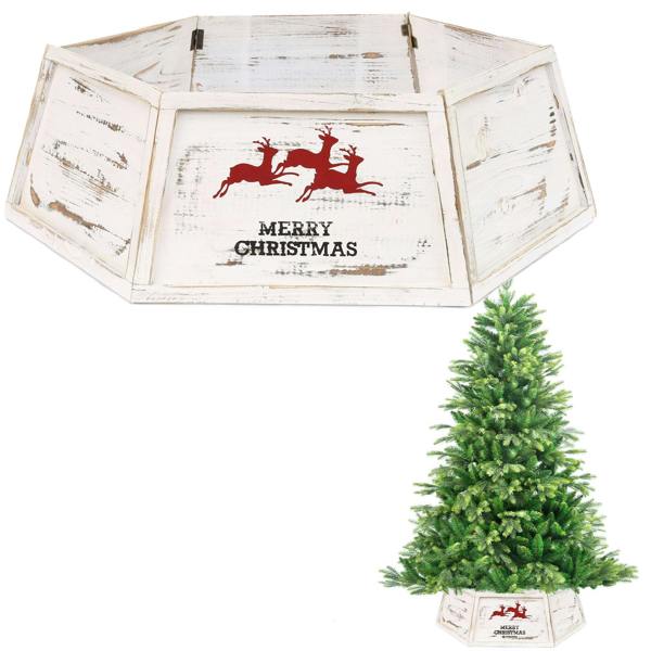 31.5 Inch Wooden Hexagon Christmas Tree Collar in Distressed White Finish image 1